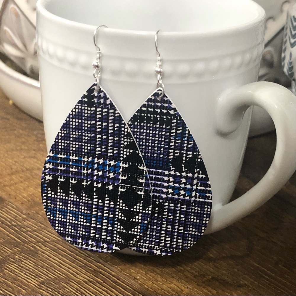 Blue plaid faux leather earrings
